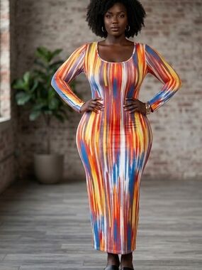 Multi-Color Striped Scoop Neck Long Sleeve Midi Bodycon Dress